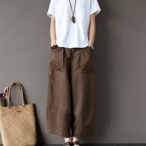 AENEONTRUE Linen Harem Lagenlook Pants Wide Leg Pull Off - Size Medium